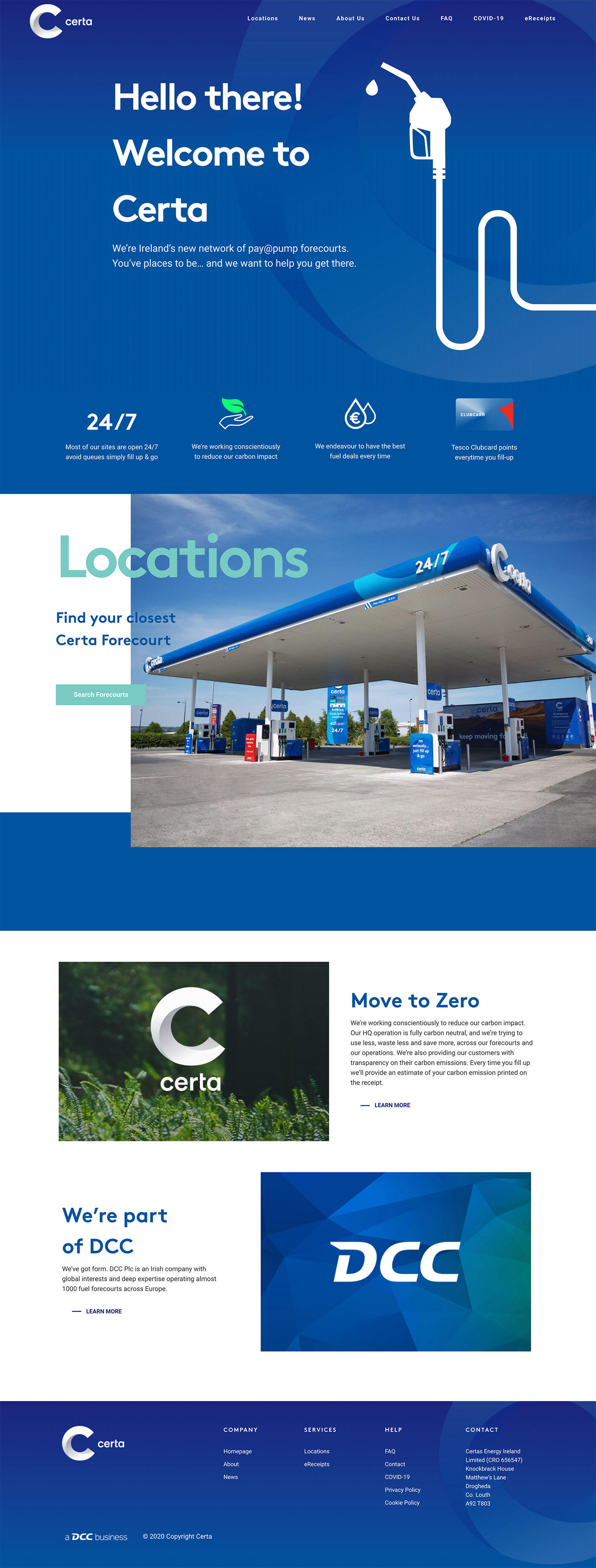 Certa fuel homepage, call to action for their station locations and about their sustainability