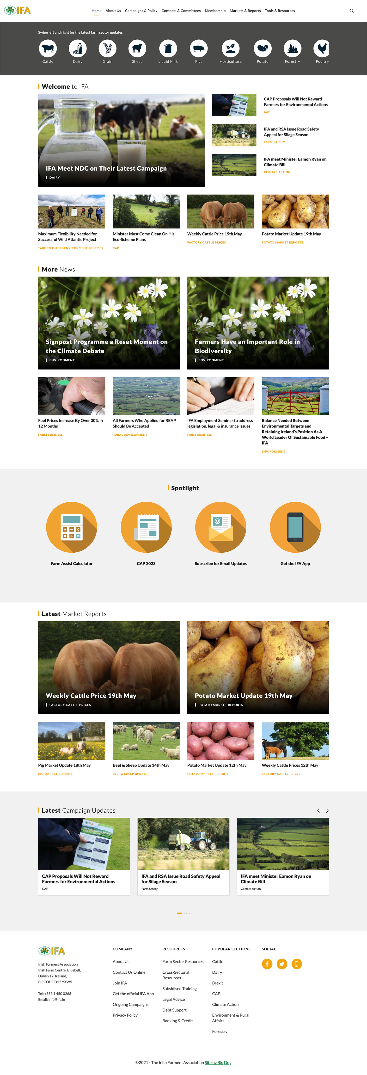 Irish Farmers Association homepage, listing all content articles and sectors