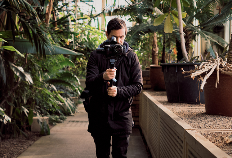 man holding camera filming, in botanic gardens glasshouse.
